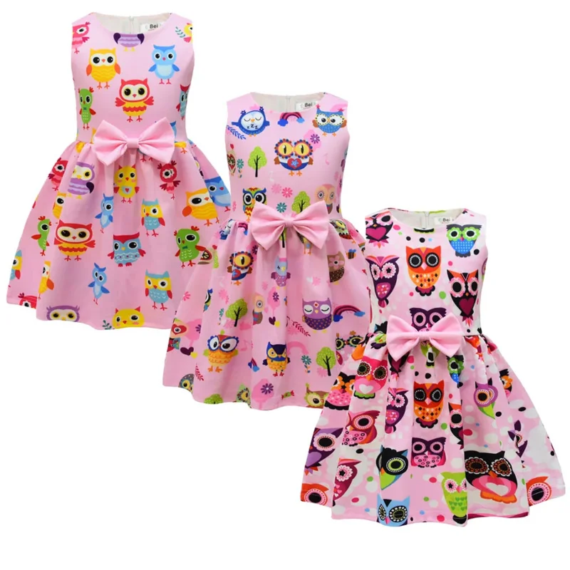 Abito con stampa gufo cartone animato neonata abito da principessa grafico kawaii compleanno per bambini costume da festa di Natale prendisole con fiocco estivo