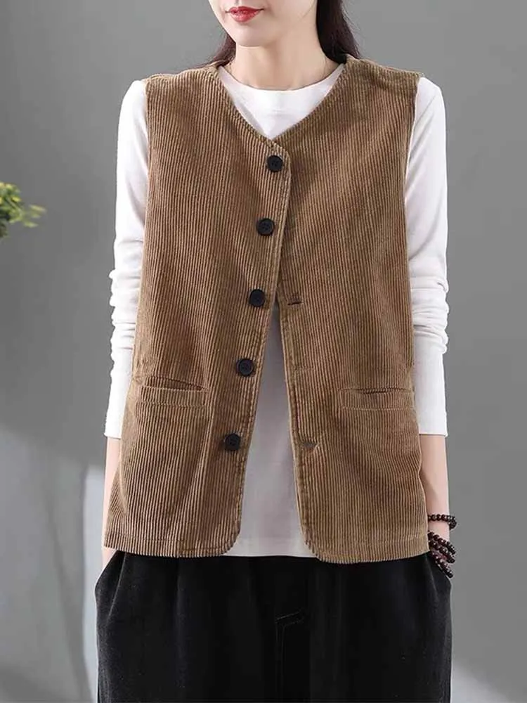 

Вельветовый жилет в стиле ретро, женский летний художественный повседневный свободный многослойный верхний костюм, вельветовый топ, круглый топ на одной пуговице