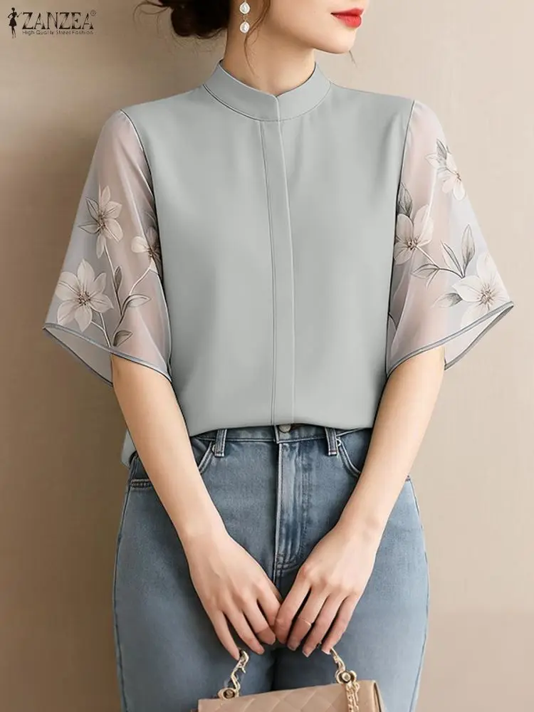 ZANZEA-Blusas elegantes para mujer, camisas de manga corta con cuello levantado y retales de gasa Floral a la moda, ropa para mujer S-3XL 2026