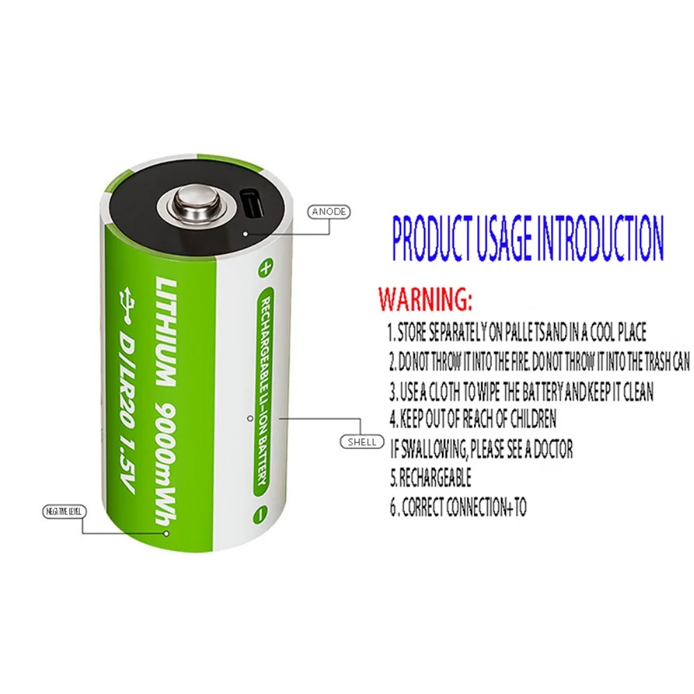 USB Rechargeable D Size Batteries LR20 Li-ion 1.5V 9000mWh With Type-C Cable For Gas Appliances image 2