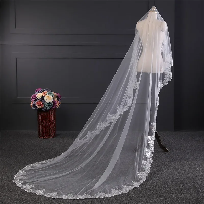 New Style Bridal Veil 3m Long Chapel Tail Sequin Lace bride Veils