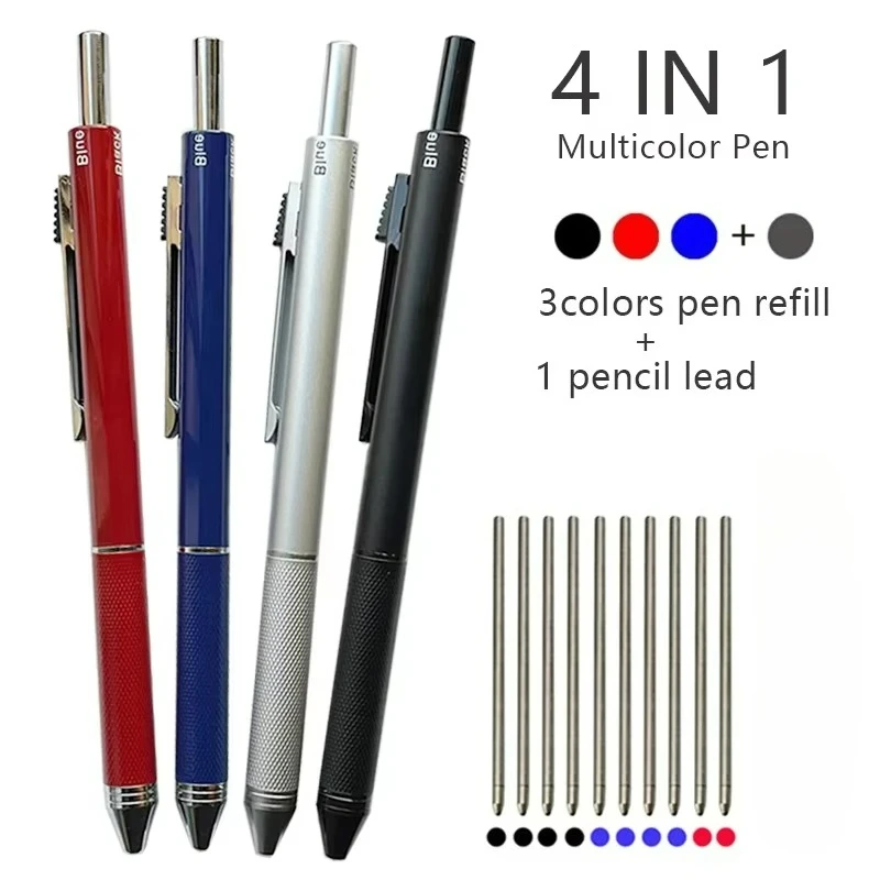 High Grade Metal Multicolor Ballpoint Pen 4 In 1 Ball Pen 0.7mm Black Blue Red Refills and Pencil Lead Offfice School Writing