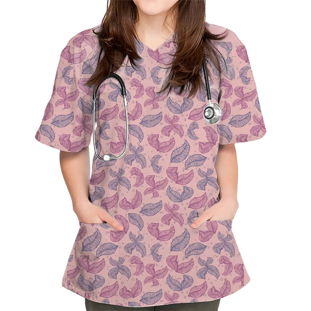 

Women Working Uniform Leaf Print Short Sleeve V-neck Tops Femme Blouse With Pockets Nurse Work Wear Medical Uniforms