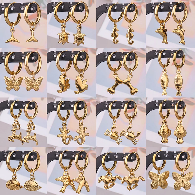 Gold color animal pendant earring cute sea turtle fish tail crab stainless steel hoop earrings for women men accessories jewelry