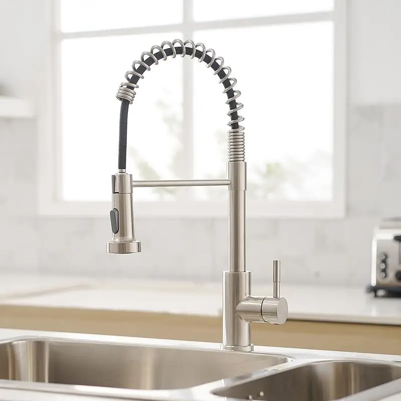 

Brushed Nickel Kitchen Faucet with Pull-Out Spray, Single Handle Sink Tap for Modern Kitchens