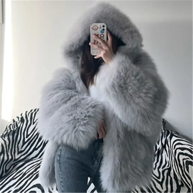 2024 Winter Faux Fur Coat Shaggy Hairy Thick Warm Soft Faux Fur Jacket Women with Hood Bat Sleeved Loose Casual Designer Clothes