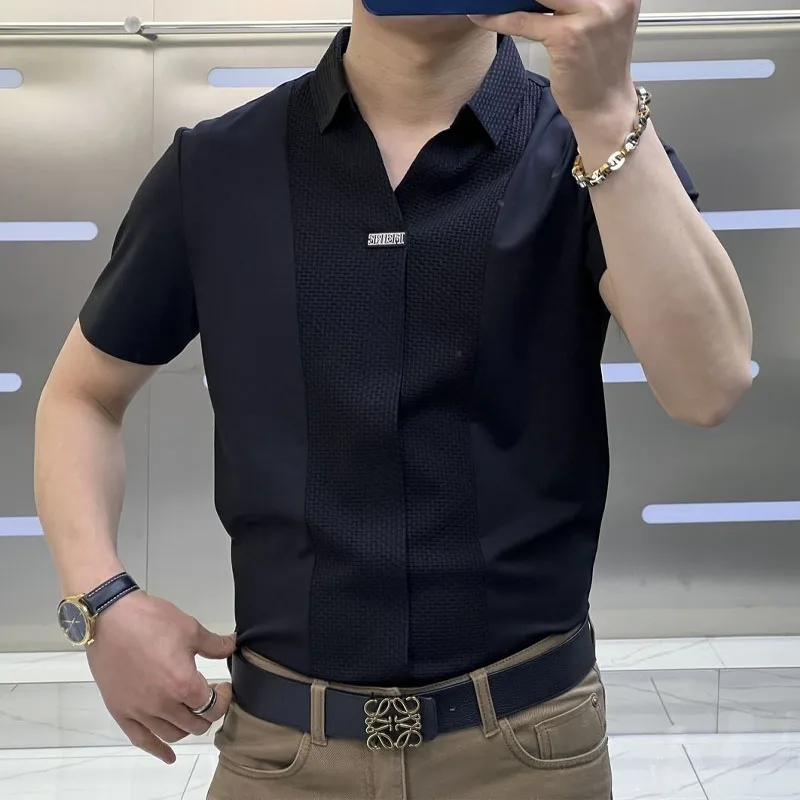 Men\'s High-end Light Luxury Short Sleeved Shirt With A Flip Collar Slim Fit Shirt 2024 Trend Korean Versionsummer Men\'s Clothing