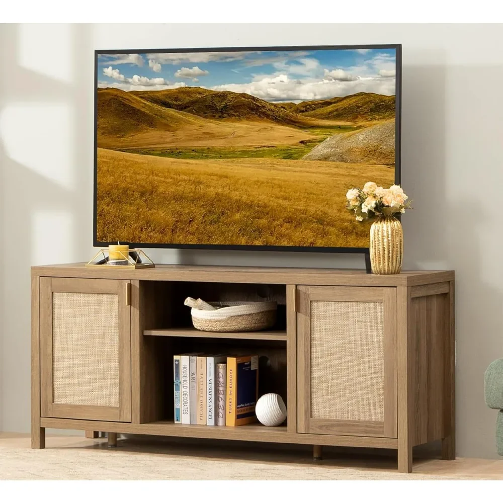 Rattan TV Console Cabinet with Storage and Shelf, Boho Entertainment Center, 59