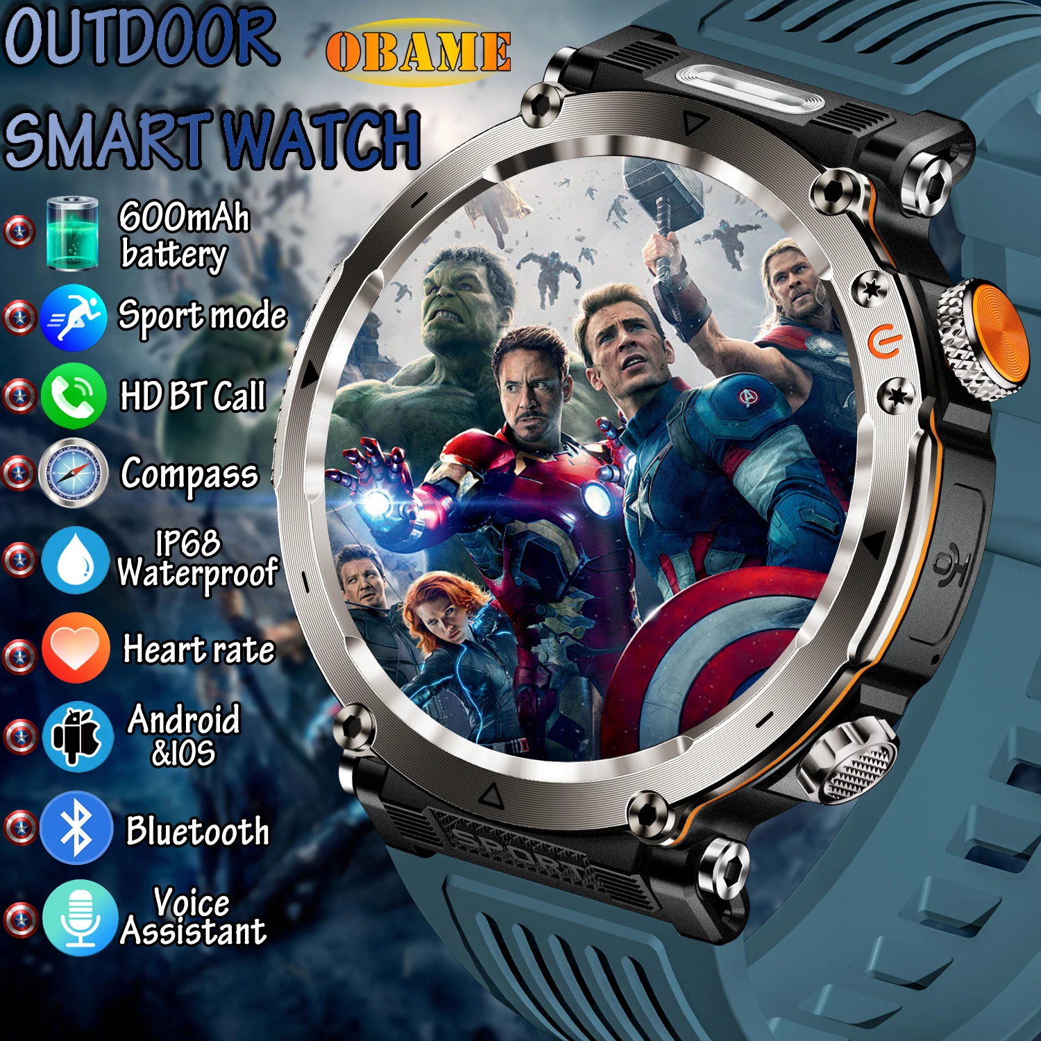 5ATM Military Smart Watch Men LED Flashlight 1.85-inch 600mAh SmartWatch Heart Rate GPS Compass Sports Waterproof Smartwatch New