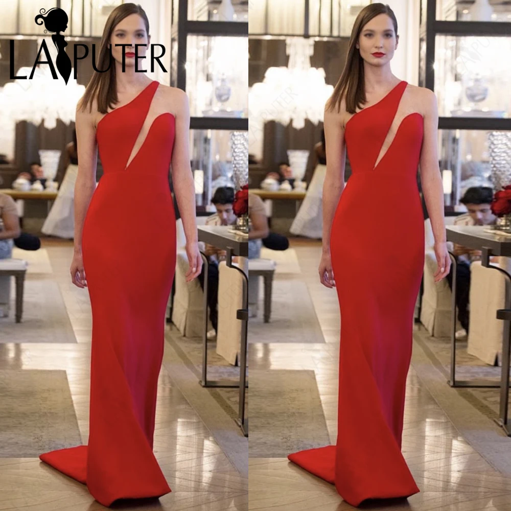 Red Crepe Evening Dresses One Shoulder Mermaid Lady Stretchy Party Dress Fitted Women Simple Design Celebrity Prom Gown