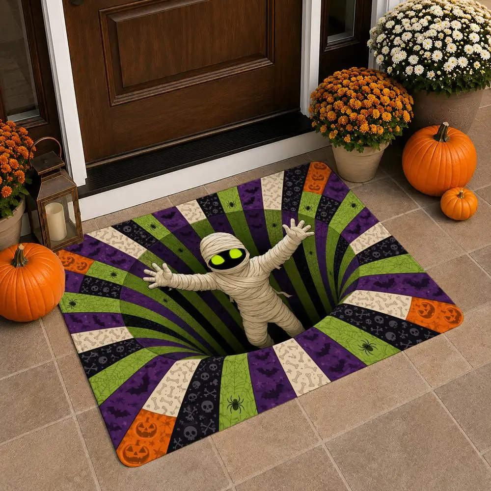 Halloween Monster Spiral Optical Illusion Artwork Floor Mat Soft Flannel Non Slip Absorbent Entryway Bathroom Bedroom Garage