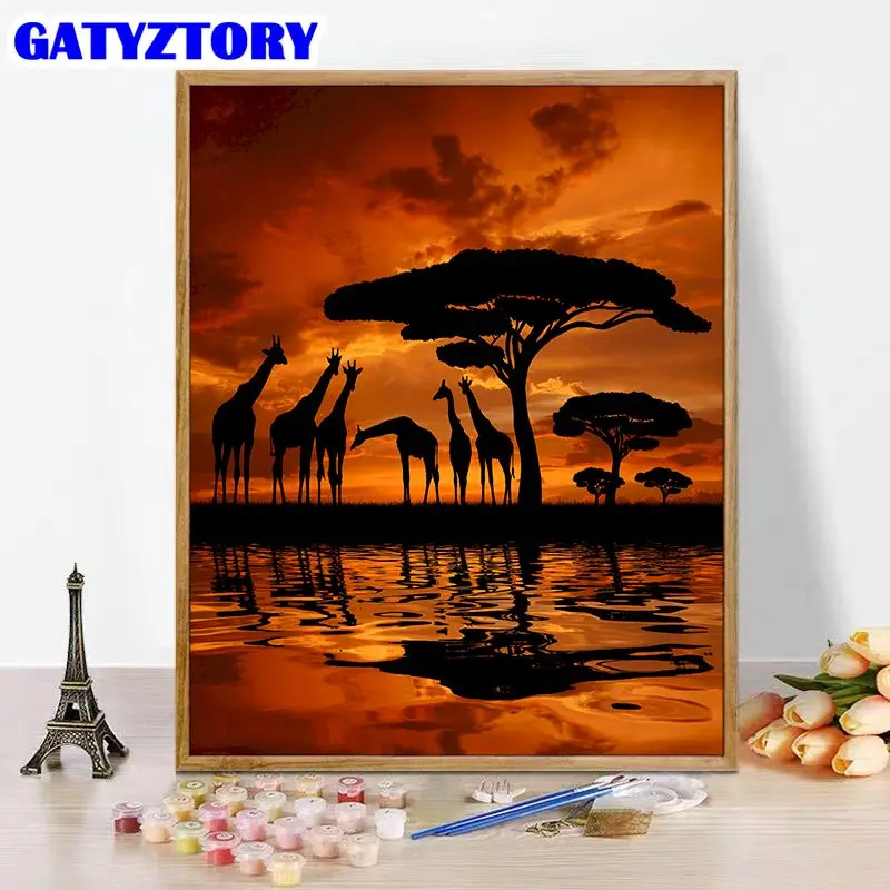

GATYZTORY Coloring By Number Sunset Giraffe Handpainted Kits Drawing Canvas Pictures Oil Painting By Number Home Decoration