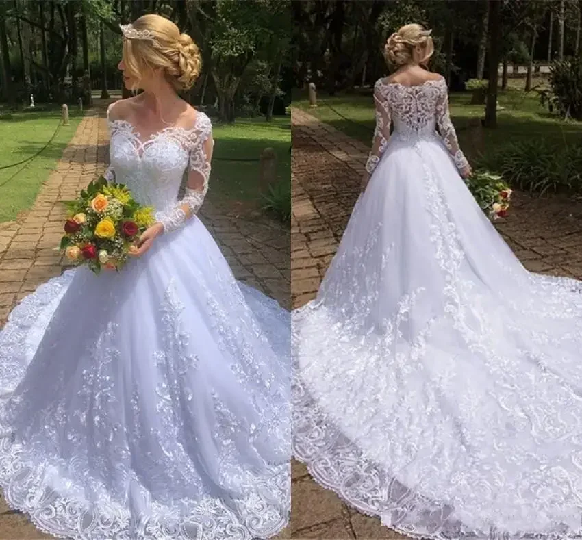 Customized Plus Size Lace Country Wedding Dresses Sweep Train  Long Sleeves A-Line Bridal Gowns Vestido De Novia