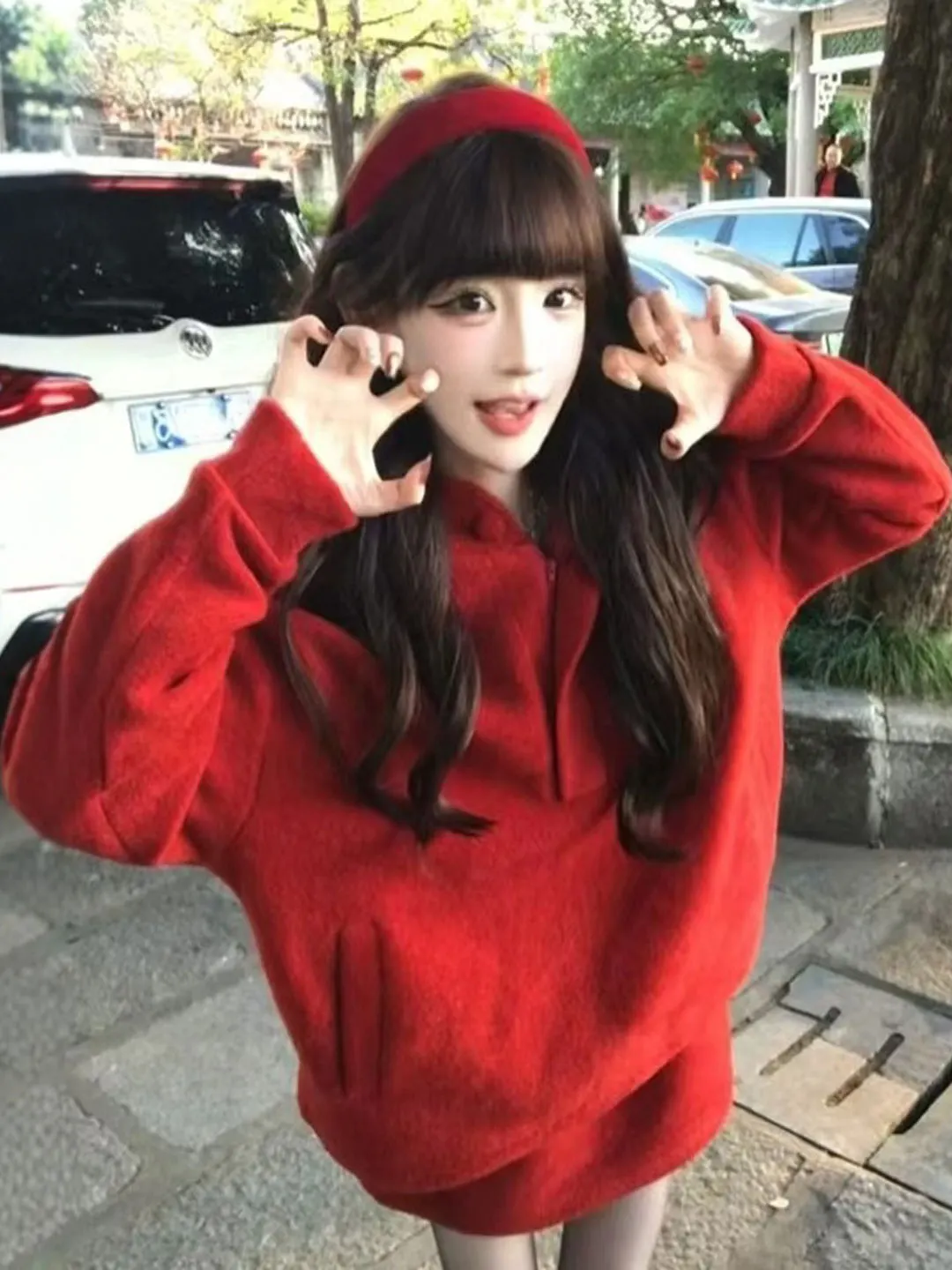 

Модный комплект: красное худи и юбка, корейская весенняя коллекция, удобные дышащие материалы, дизайн с высокой талией