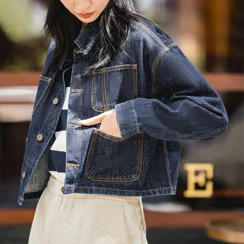 Maden Women’s Short Jeans Jacket 14 oz Vintage Denim Coats Lapel Collar Loose Female Jackets Jeans Blue Streetwear 2022 New