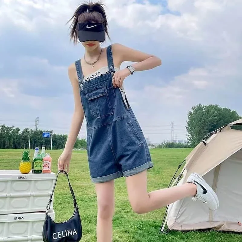 

Denim Jumpsuits Korean Style One Piece Outfits Women Clothing Thin Casual Emaciated Pants Wide Leg Shorts Oversized Playsuits