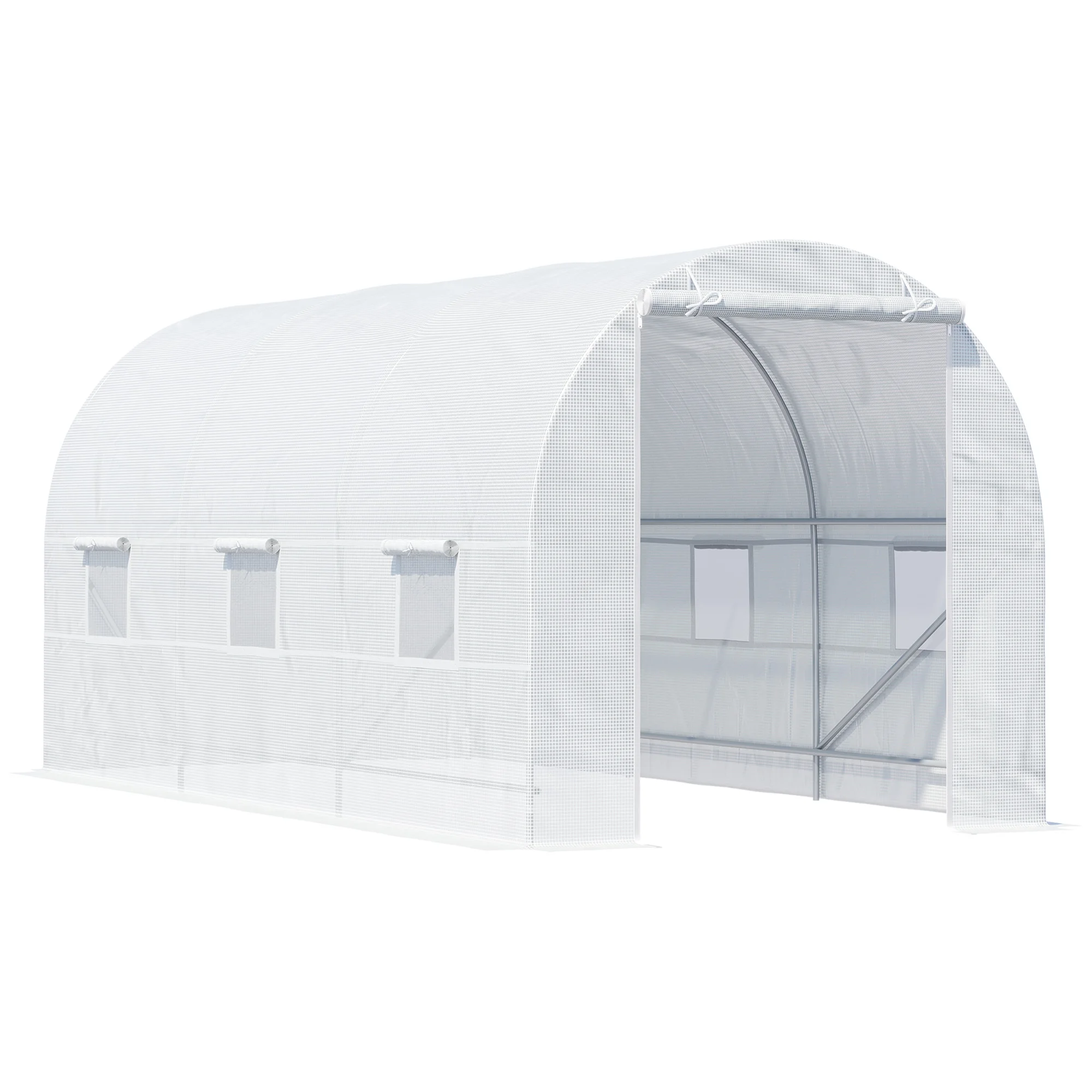 Outsunny tunnel greenhouse 450x200x200 cm garden greenhouse with roll-up door and 4 Windows cover PE 140g/m² anti-UV Metal frame for growing white vegetable plants