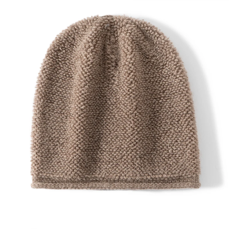 Women's 100% Cashmere Knitted Beanie Solid Color Curled Edge Texture Windproof Elegant Soft Cap for Winter Skateboard Hiking