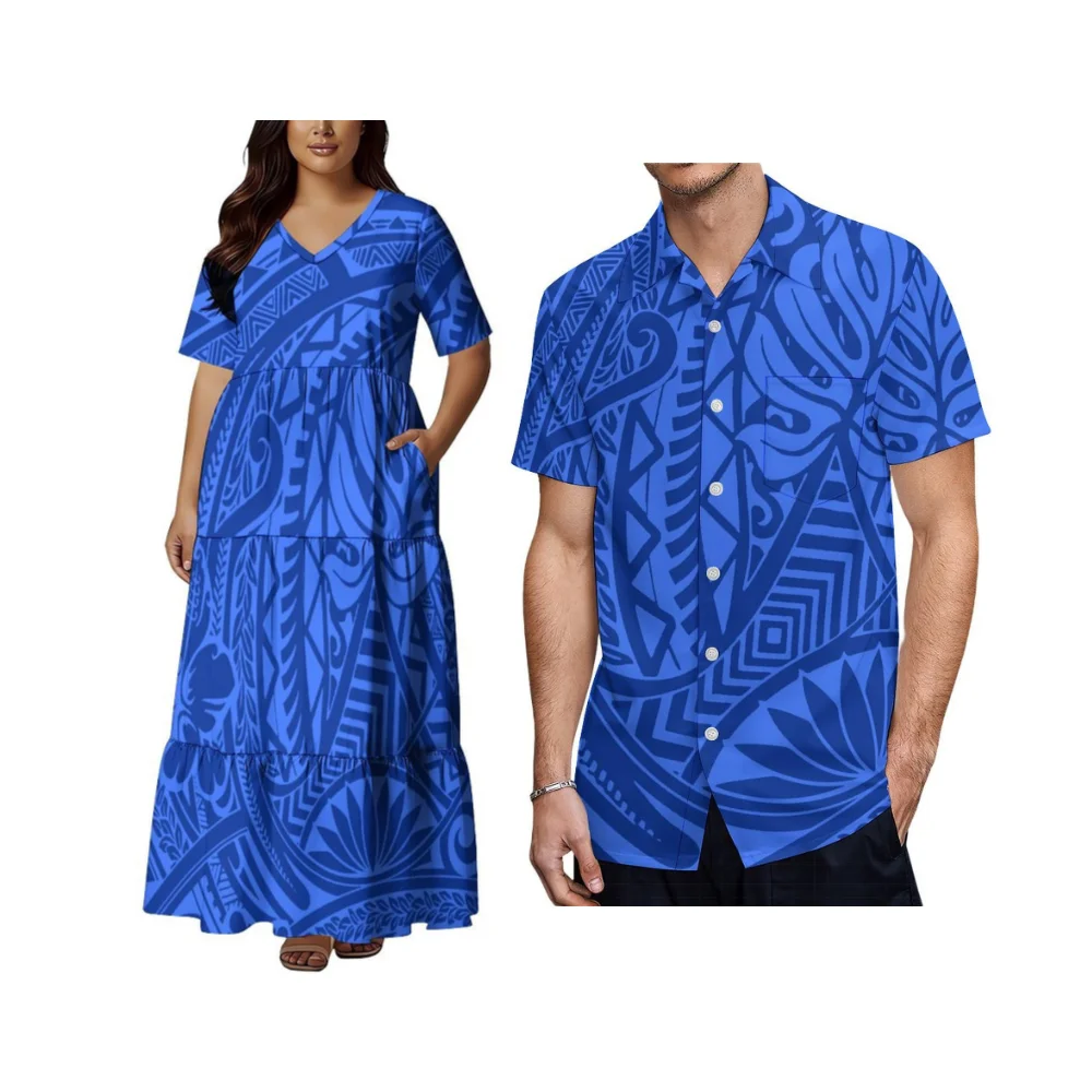 

High-Quality Custom-Made Dress Patterns, Polynesian Summer Couple Outfits V-Neck Pocket Design Women'S Cake Dress Men'S Shirt