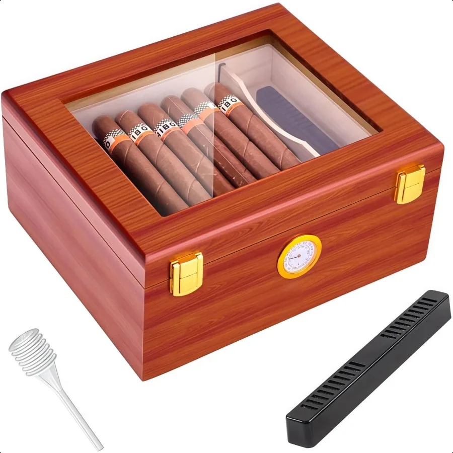 

Desktop Cigar Humidor Box Glass Top Cigar Humidor with Hygrometer Humidifier and Divider Spanish Cedar Humidor Wooden Cigar Box