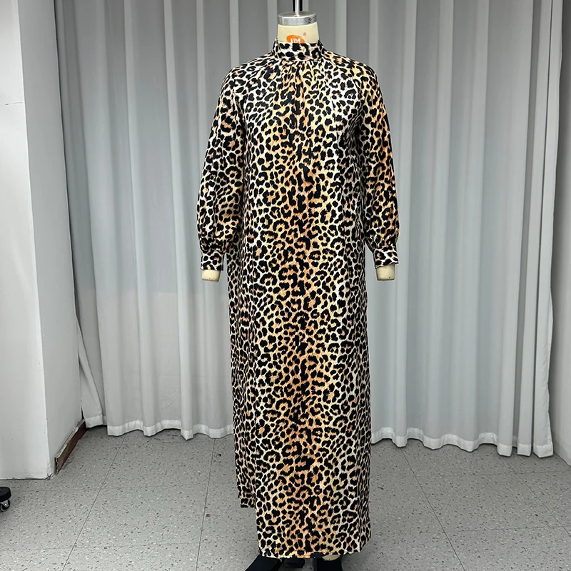 Ellafads Vrouwen Maxi Jurk Vrouwen Kleding Herfst Casual Lange Mouw Ronde Hals Luipaard Gedrukt Losse Lange Jurken Streetwear