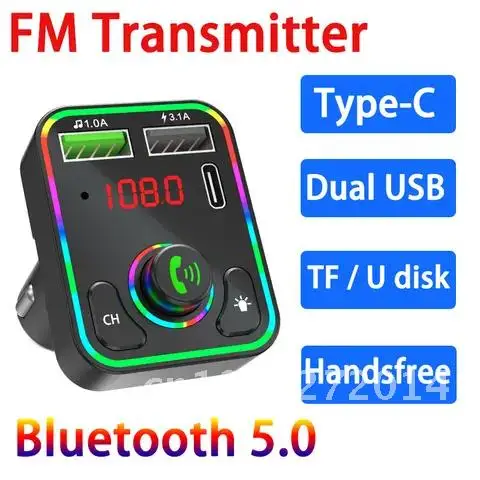 

Light Ambient Bluetooth 5.0 FM Transmitter Type-C Car Kit Charger Dual USB Audio Receiver Handsfree MP3 Player Music U Disk play