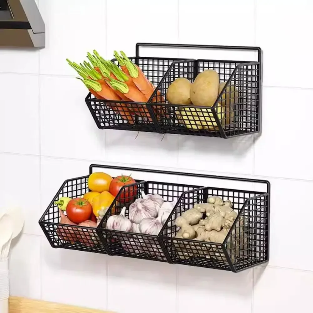 

1PC 3 Grids Storage Rack Onion Ginger Garlic Condiments Spice Kitchen Shelf Wall Mounted Punch-Free Vegetable Fruit Drain Basket