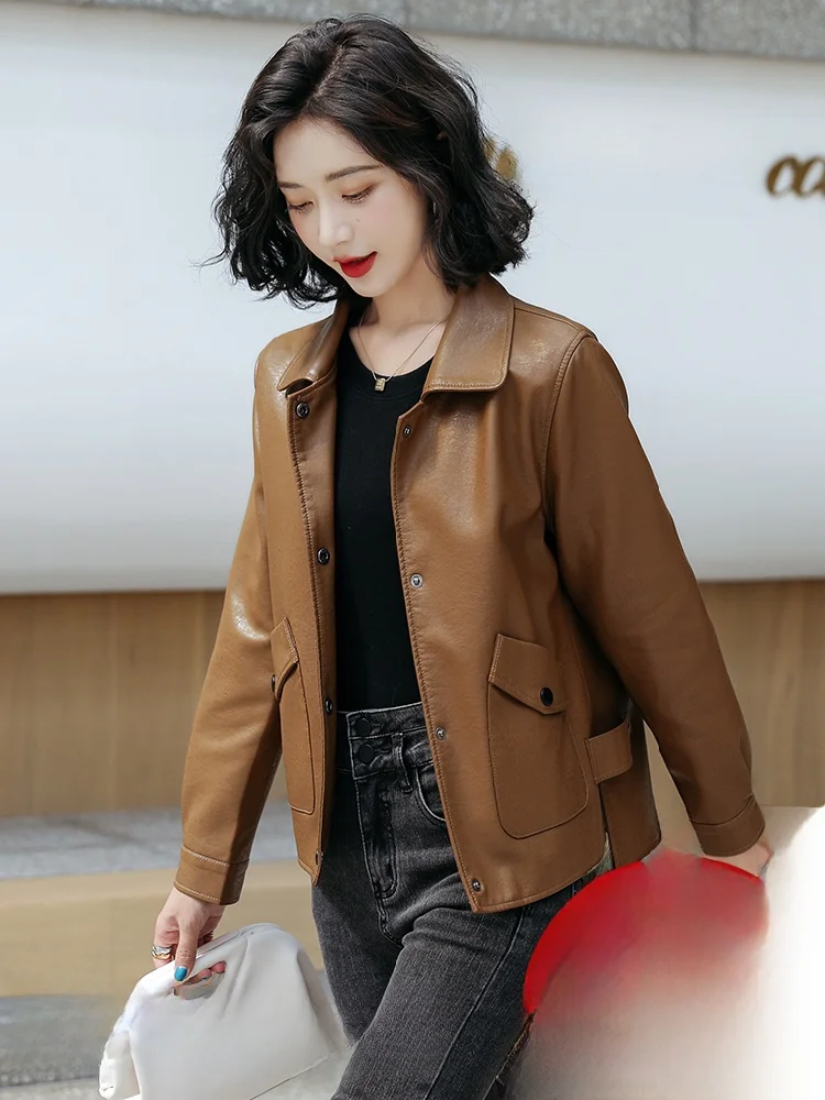   Giacca da donna in vera pelle Ning, stile casual, vestibilità ampia, in pelle di pecora, modello slimming, stile biker, per primavera e autunno, nuovo arrivo