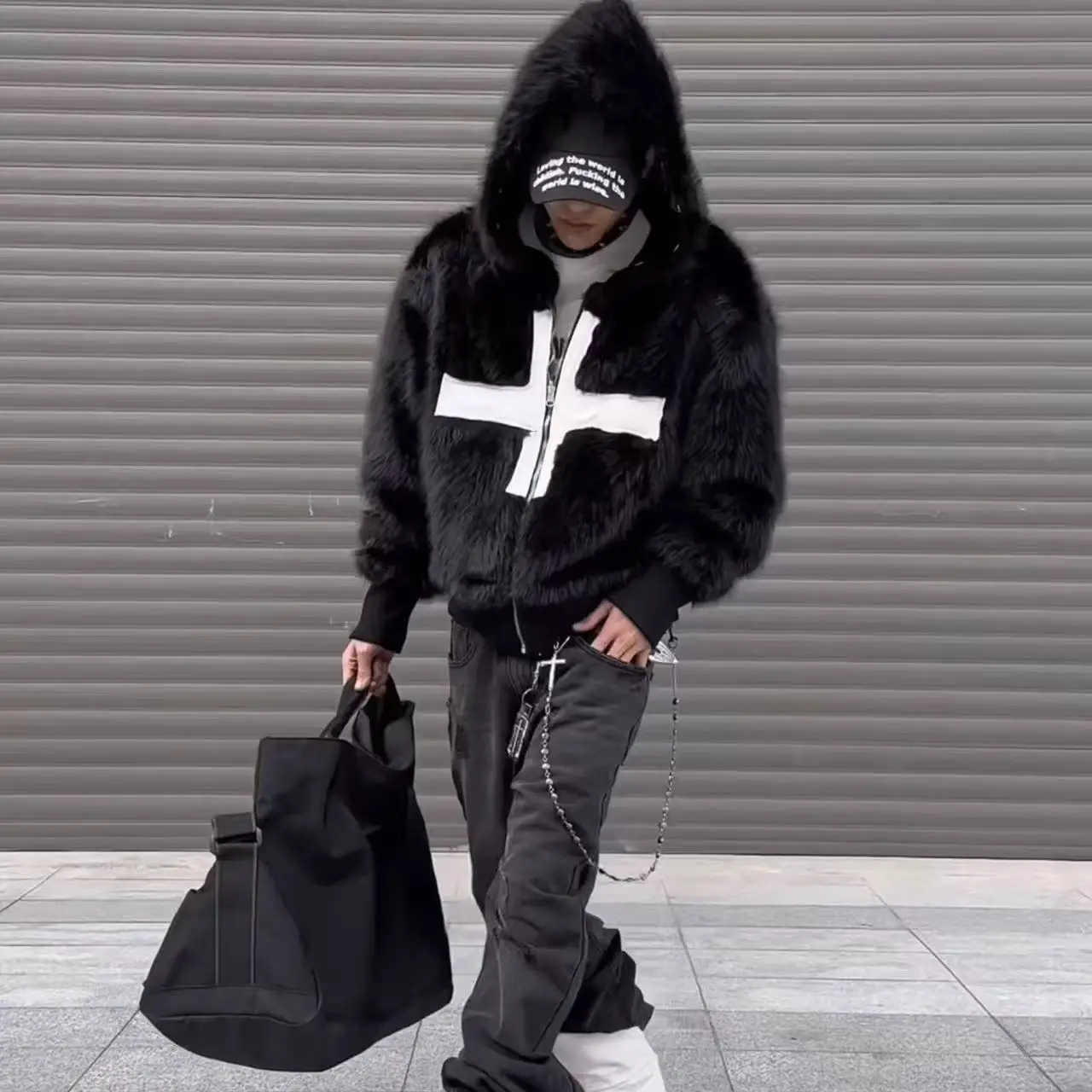 Casaco masculino elegante com capuz cruzado, casaco de inverno de pele artificial resistente ao frio de pelúcia casual moda y2k preto tops overwear masculino