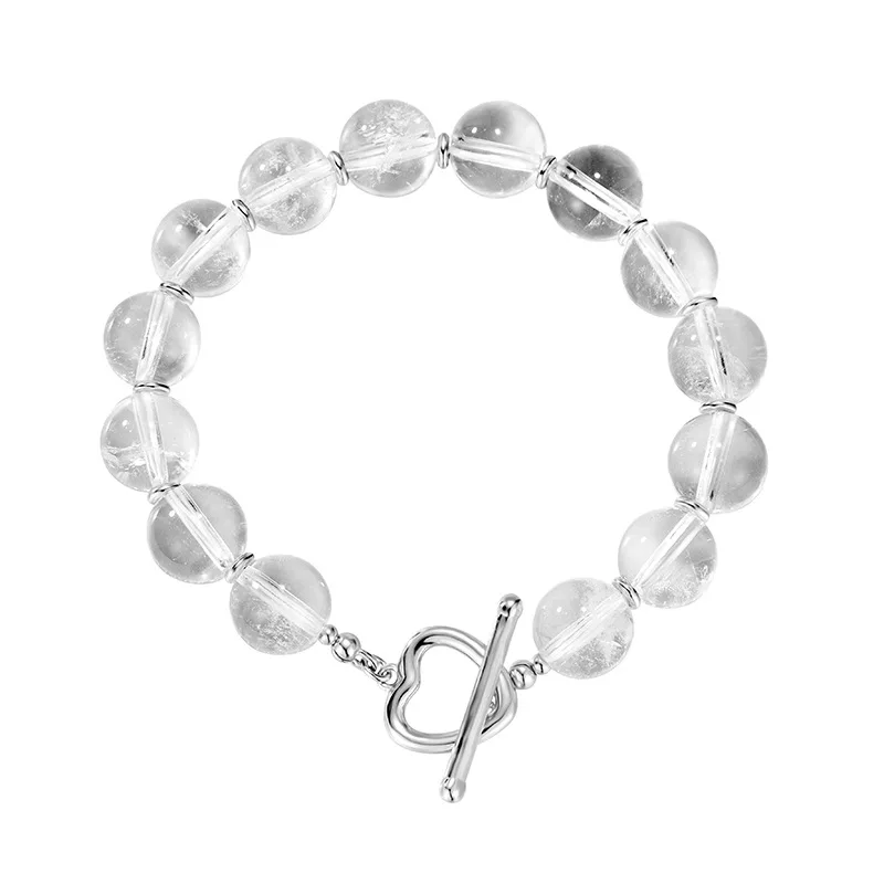 S925 Silver Bracelet with A Female Niche Design, Cool and Stylish, Natural White Crystal Round Bead Heart-shaped Bracelet