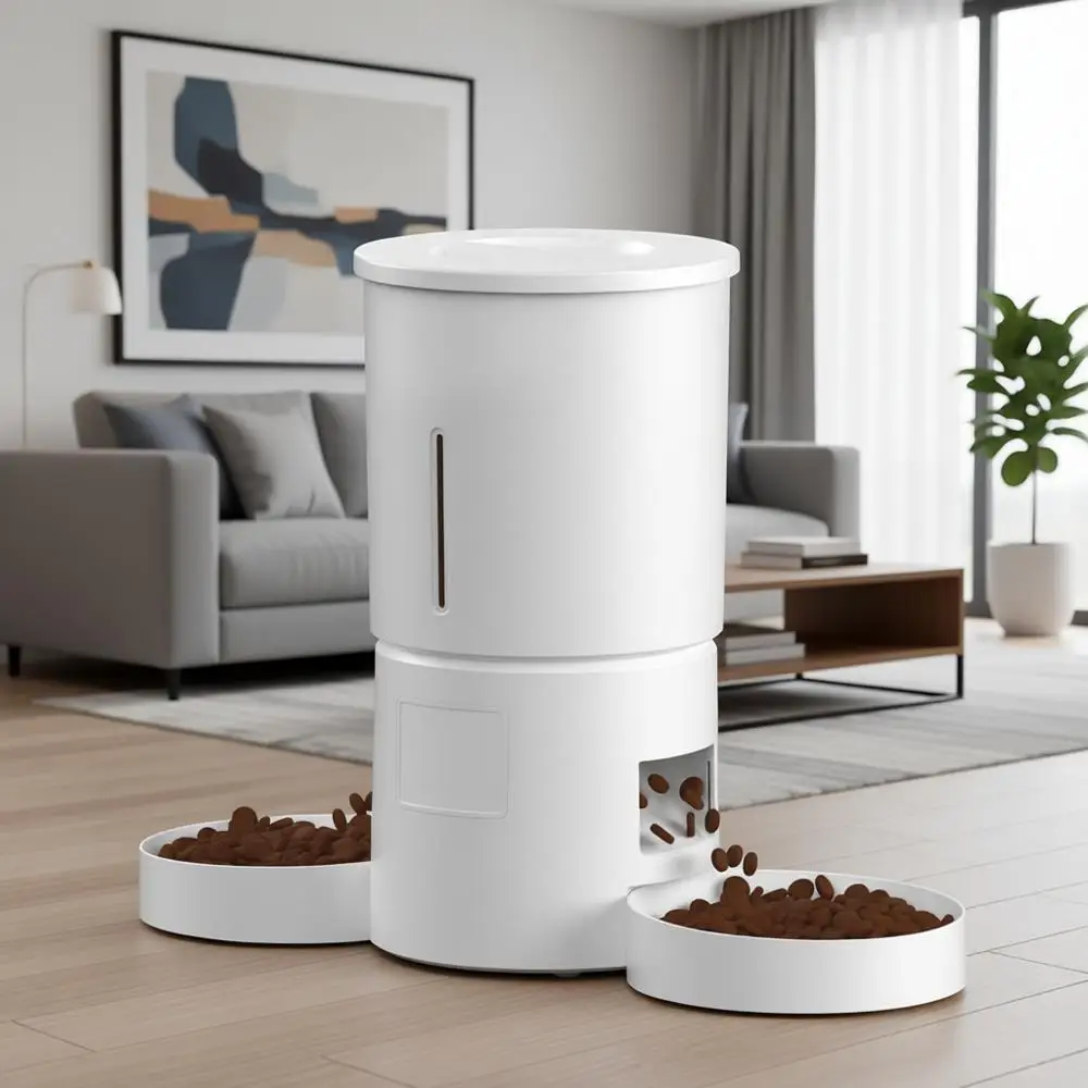 

Dual Bowl Dry Food Dispenser with Portion Control, Voice Recorder, Timed Feeding, Dual Power, Quiet Operation (White, ABS)
