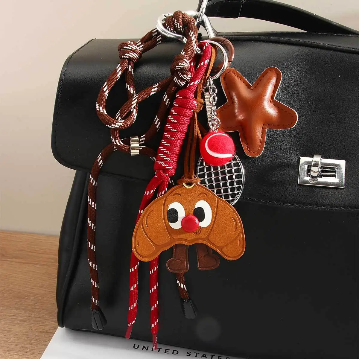 Creative Homemade Leather Big Eyes Croissant Keychain Pendant Cute Tennis Red Nose Toast Bread Star Braided Rope Keyring Bag