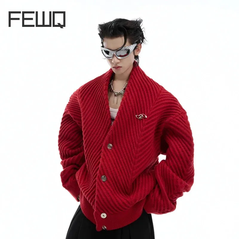 FEWQ Pattern Vneck Sweater Loose Simple Cardigan Jacket 2024 Solid Color Single Breast Long Sleeve Male Tops Casual 24E2507