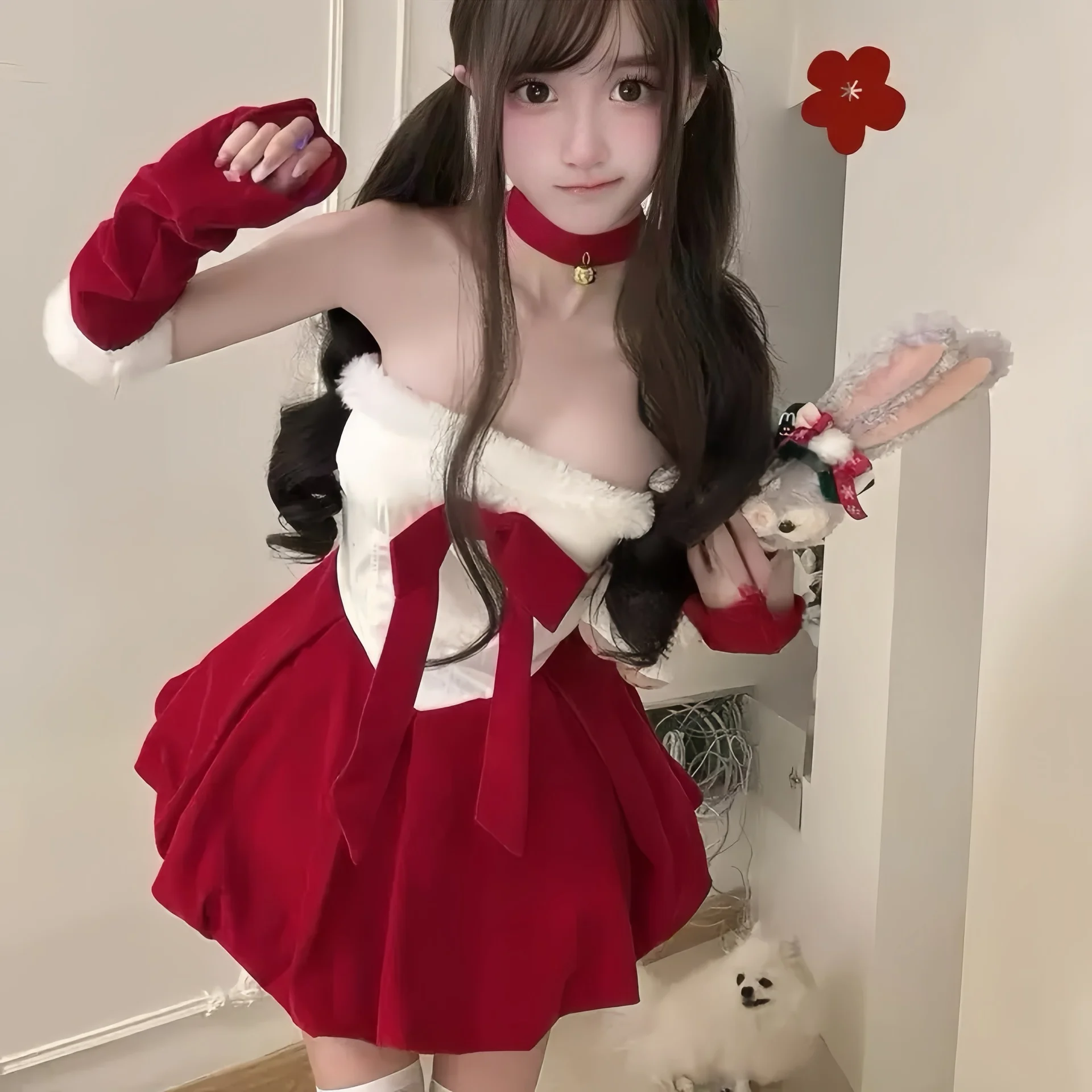 

Christmas Outfit For Women Sexy New Year Halloween Holiday Dresses Bunny Cosplay Velvet Red Dress santa Party Performance Dance