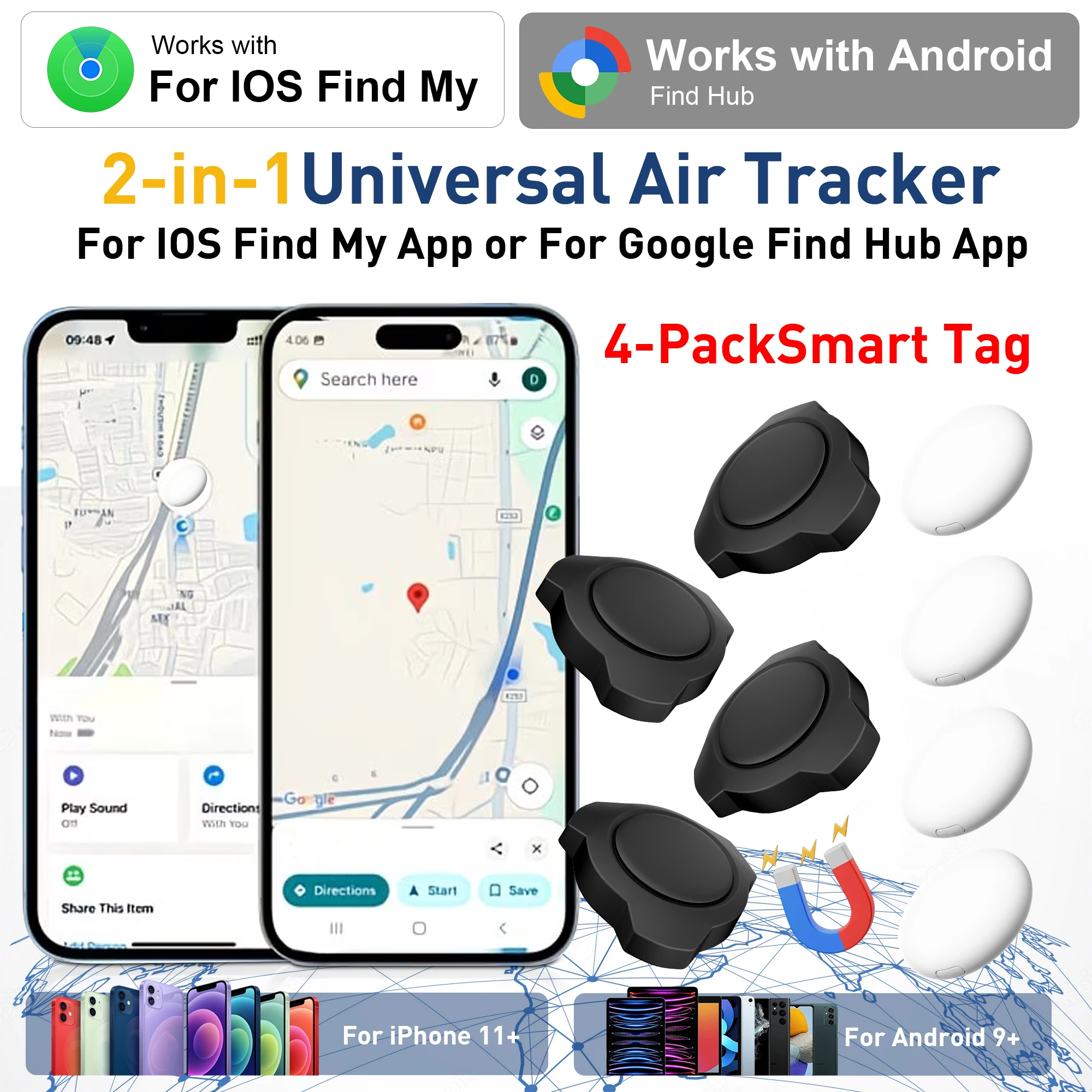 Confezione da 1/2/4: Localizzatore Bluetooth Magnetico 2-in-1 / Antifurto per Bagagli / Compatibile con le Reti di Ricerca delle Applicazioni Android,