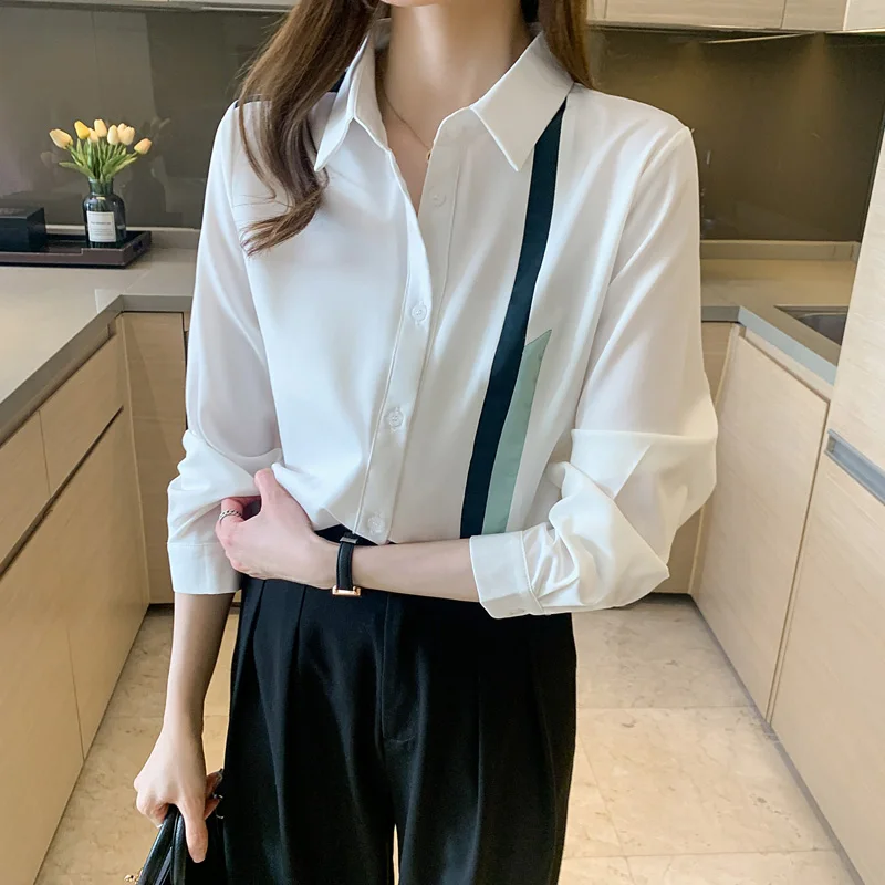 Coreano novo escritório senhora chiffon camisa moda casual manga longa blusa feminina topos