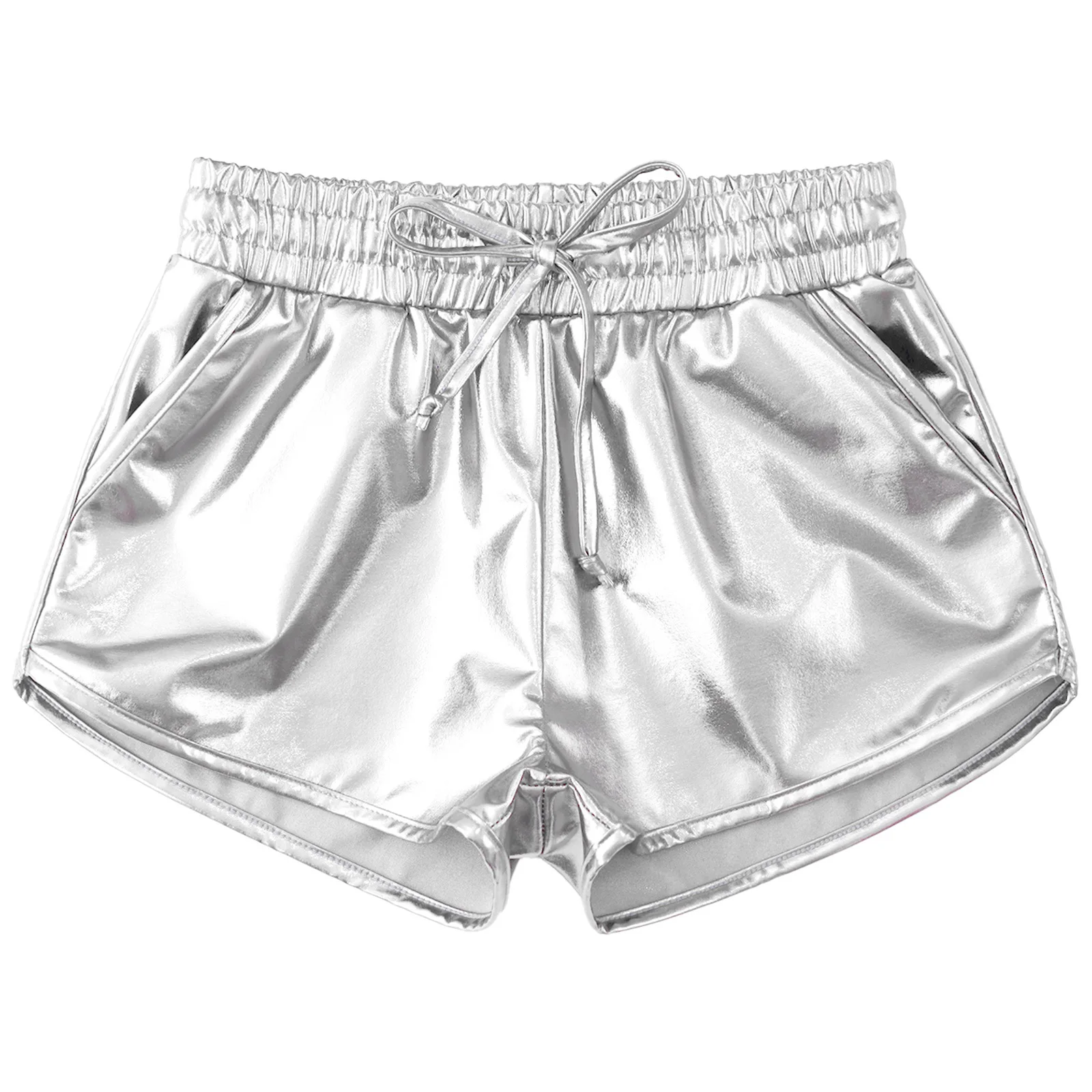 Girls Metallic Shiny Hip Hop Jazz Dance Shorts Drawstring Elastic Waistband Hot Pants for School Show Cheerleading Performance