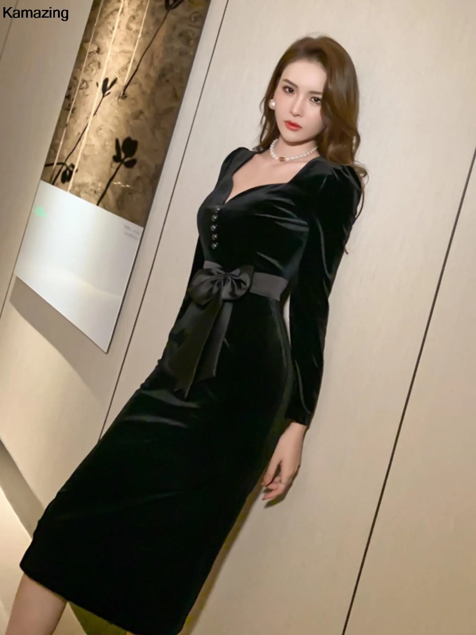 Sexy elegante vita sottile Midi Derss donna Vintage velluto con scollo a v abiti Office Lady Package Hip Pencil Dersses vestiti autunnali