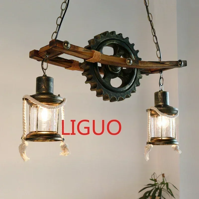 American Design Vintage Chandelier Retro Cafe Bar Restaurant Wooden Loft Pendant Lamp Gear Industrial Hanging Glass Light