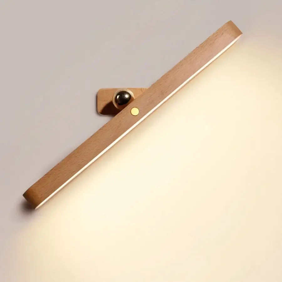 Lampu dinding sentuh dapat diputar, lampu malam LED pengisian magnetik cermin kayu depan mengisi kamar tidur lampu samping tempat tidur dekorasi rumah
