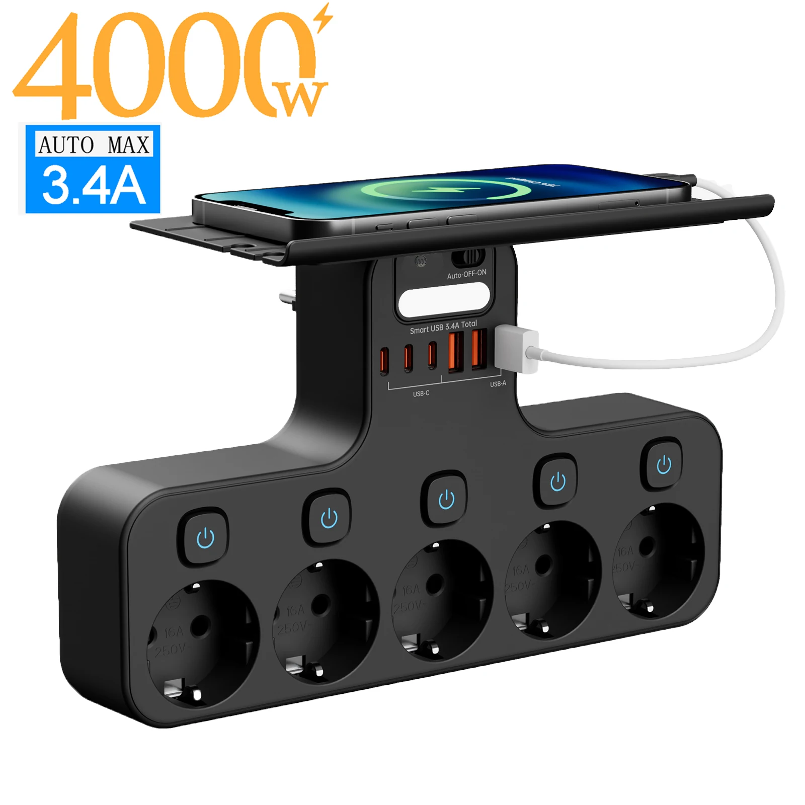 4000W EU Plug Multi-Function Wall Mounted Power Strip Independent Switches Sensor Night Light With 3USB-C 3USB-A Charging Ports