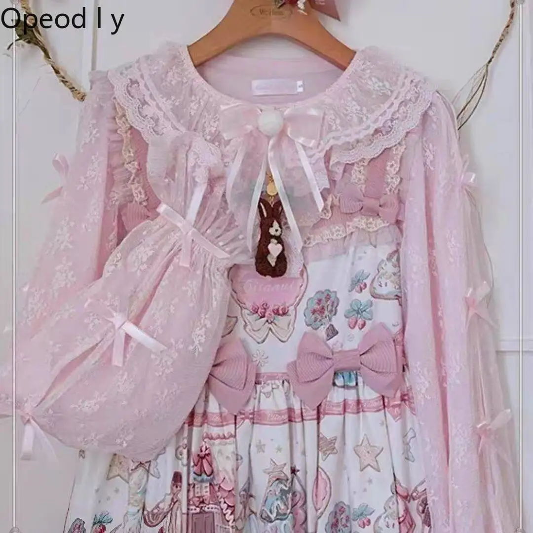 

Sweet and Cute Girl Japanese Original Lolita Lace Shirt Cherry Blossom Pink Doll Collar Bow Long-sleeved Versatile Inner Top