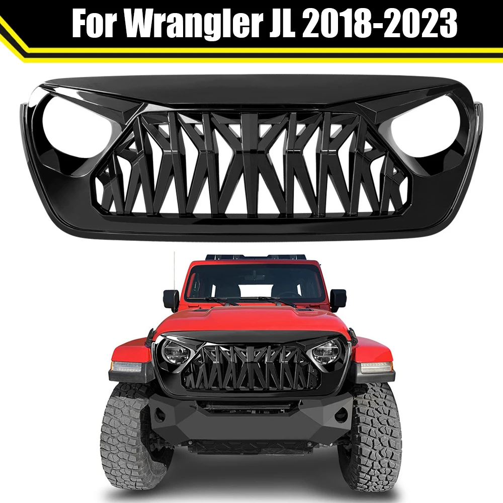 Gloss Black Shark Grille For Jeep Wrangler JL 2018-2023 Car Accessories Modified Front Racing Grid Bumper Grills Mask Cover