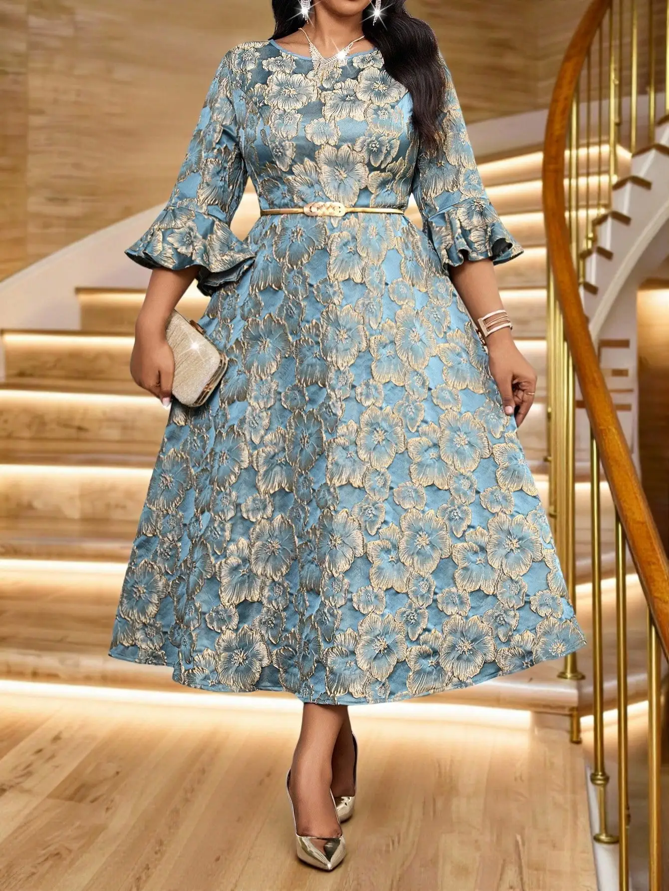 

Elegant Floral Jacquard Midi Dress With Flare Sleeve And Belt For Party Evening