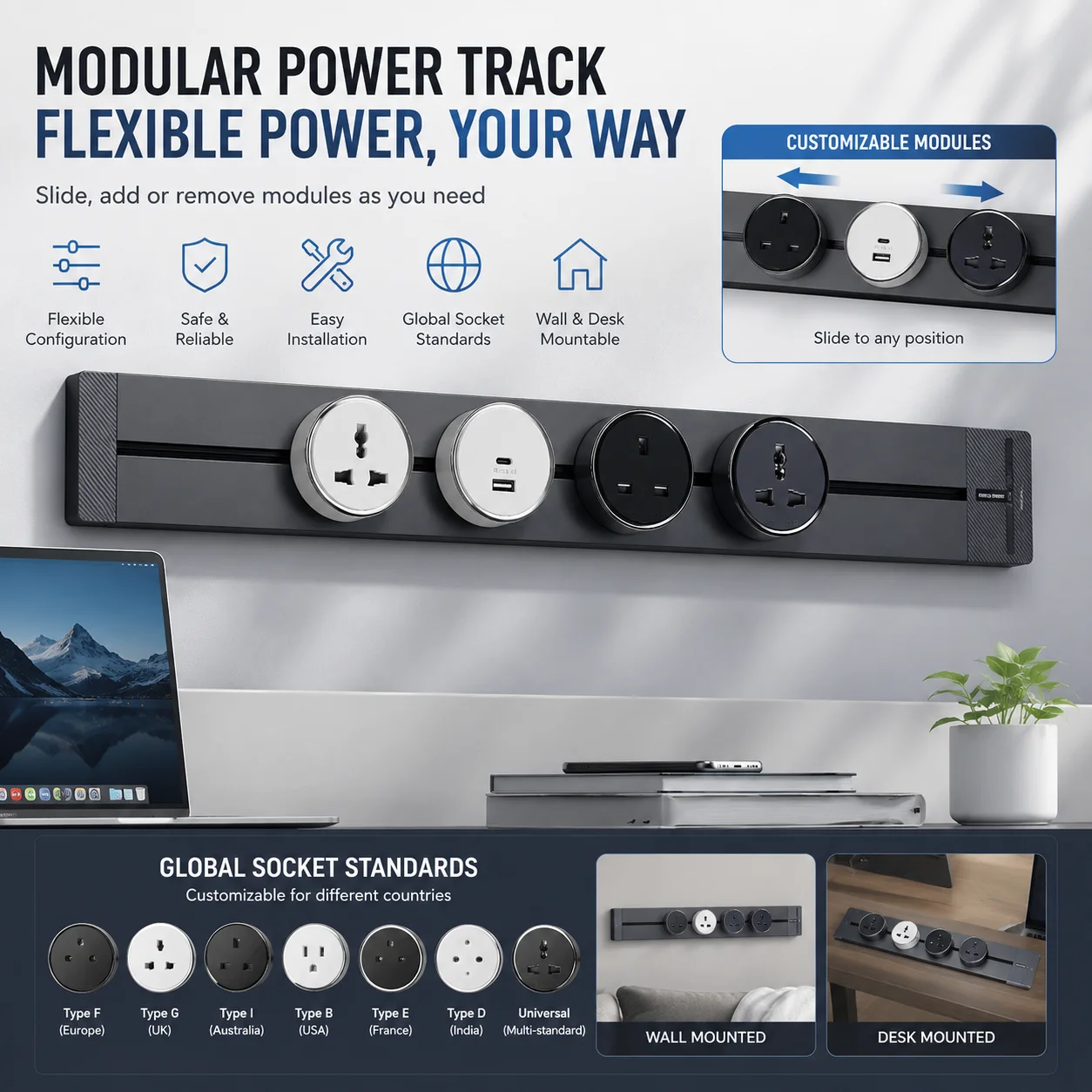 Industrial Office Desk Power Track Rail Multifunctional Power Strip USB Ports Sliding Rail Socket Customizable Socket Modules