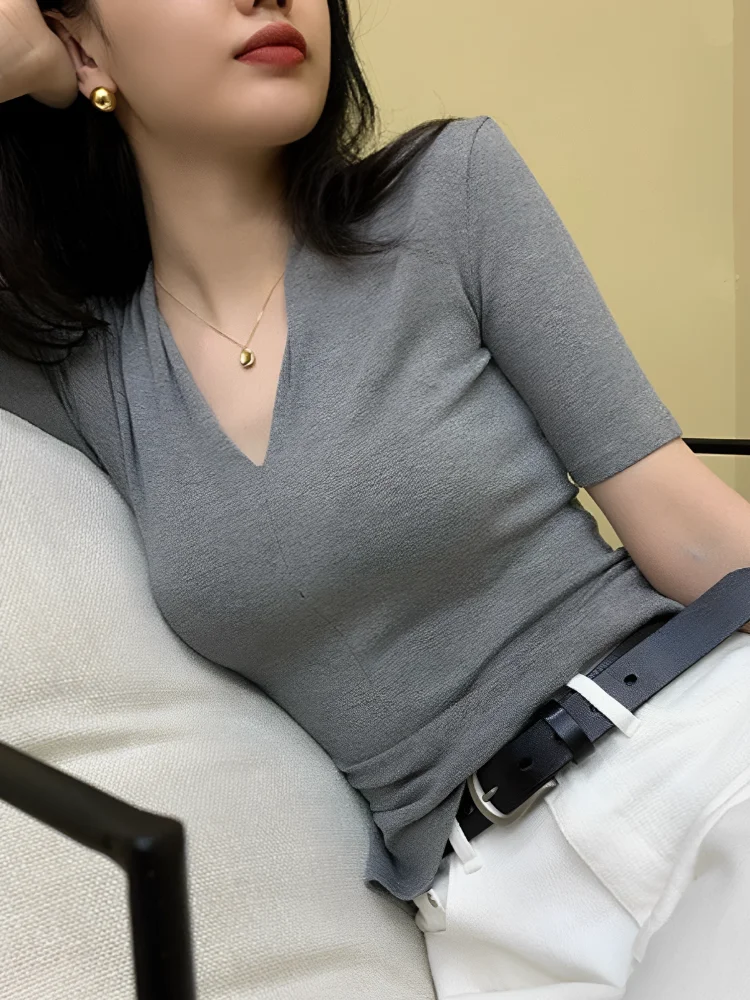 95 Cotton V-Neck Mid-Sleeve T-Shirt Women's Spring Autumn New Large Size Fat MM Five-Half Sleeve Base Shirt Slim Fit Top