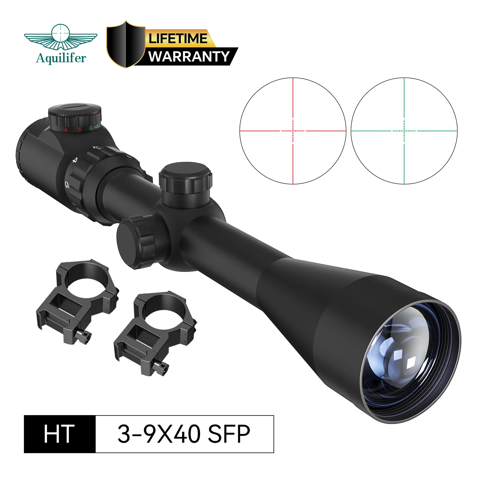 

Aquilifer HT 3-9x40 SFP Hunting Rifle Scope 22LR Rimfire Airsoft Sniper AR Optics Red Green Illuminated with Mount