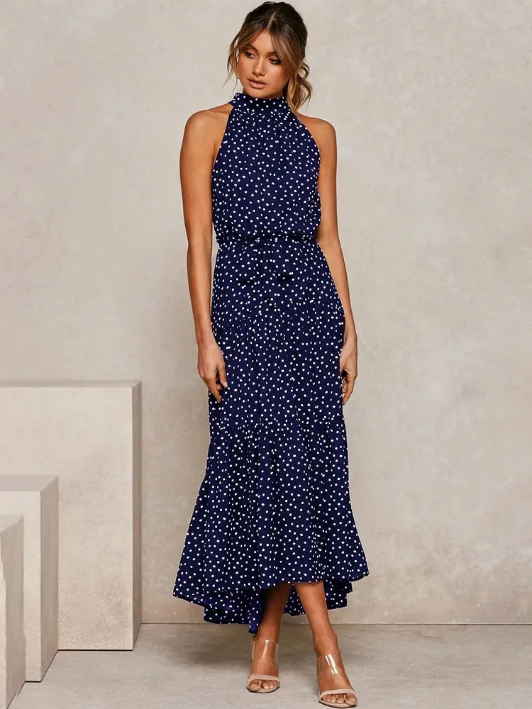 

2025 Spring Dress for Women Halter Neck Round Neck Sleeveless Pullover Print Polka Dot Lace-up Fashion Casual Vacation
