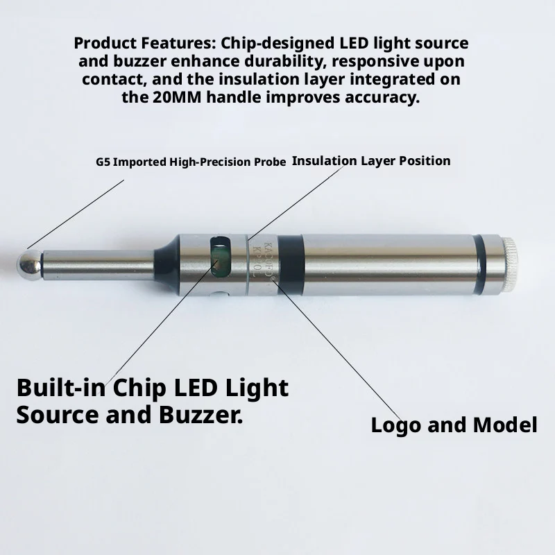 Dual-Mode Edge Finder: LED+Sound Alert, 0.005mm, SS Body, 160mm, for Metal/Plastic/Ceramic Alignment