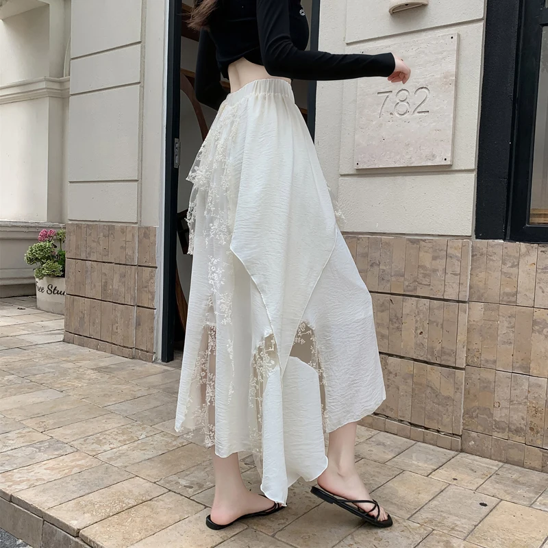 Spring 2026 Irregular Lace Asymmetrical High Waist Midi Skirt for Women in Beige Cake Design Sensation Half Body Skirt